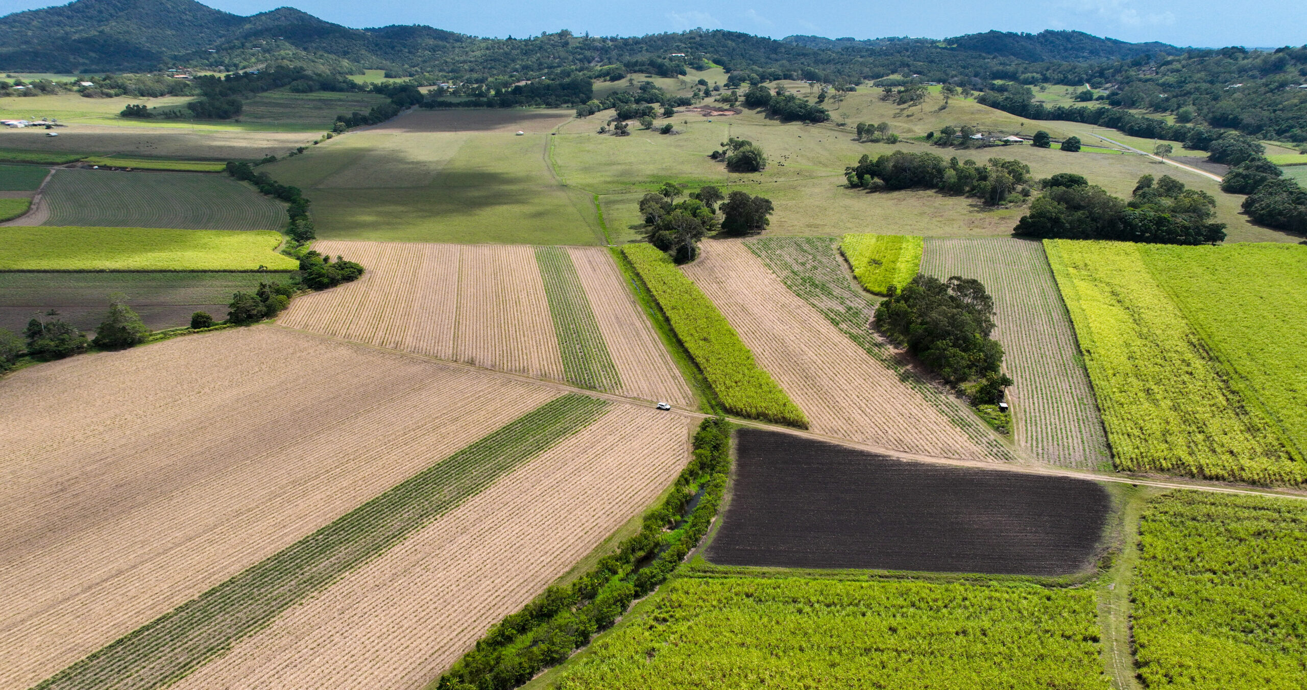 An aerial shot of large open fields.
