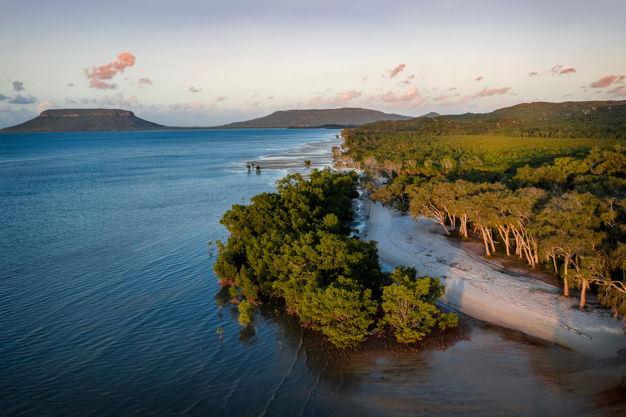 Aerial view of mangrove coastline across the seas to tabletop mountains.