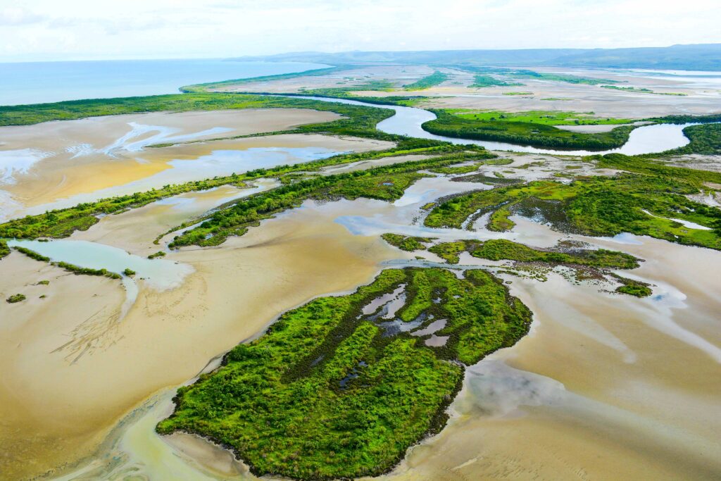 Aerial view of flodplains and river mouth meeting the sea.