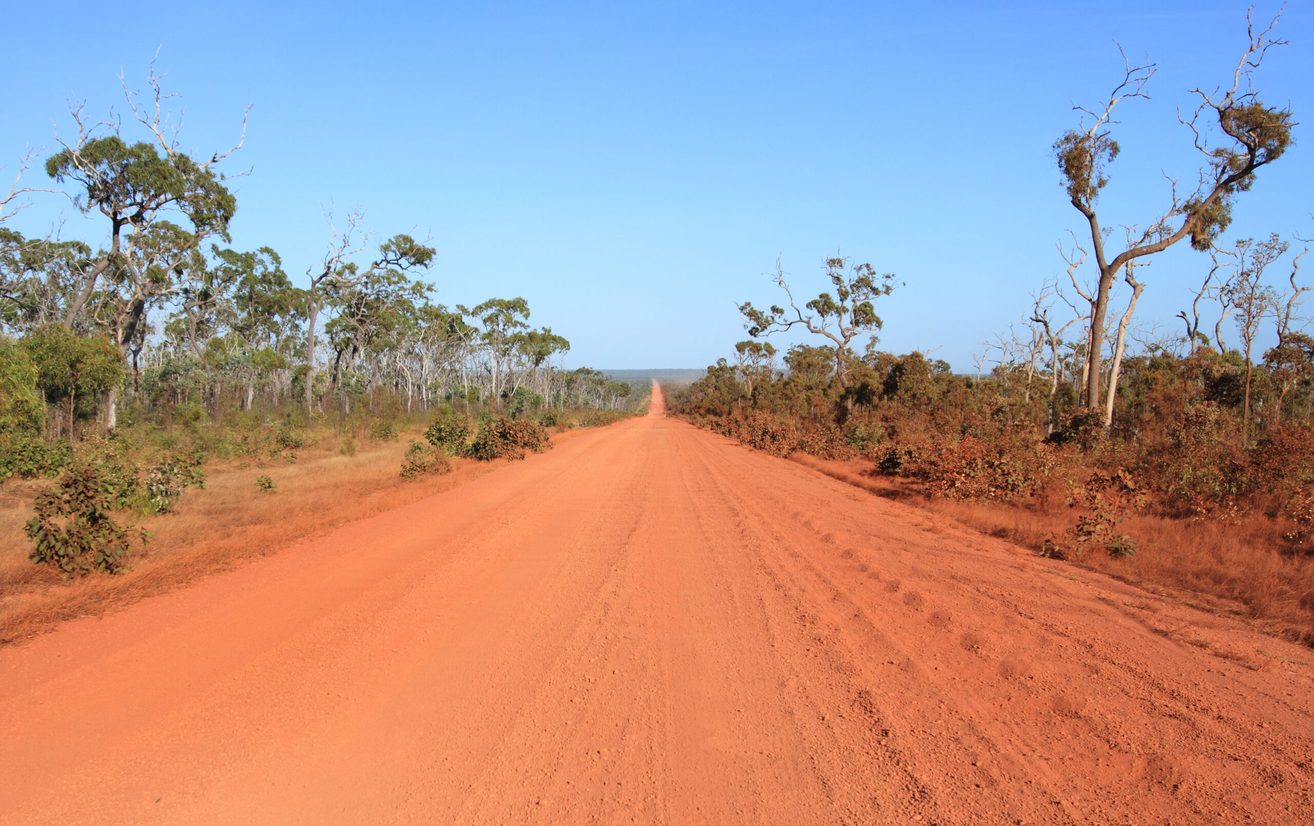 Dirt road in the middle of nowhere stretching straight to horizon.
