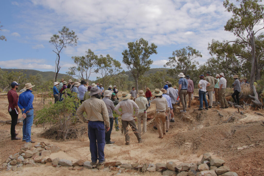 Large group of people standing around an eroded area in the bush.