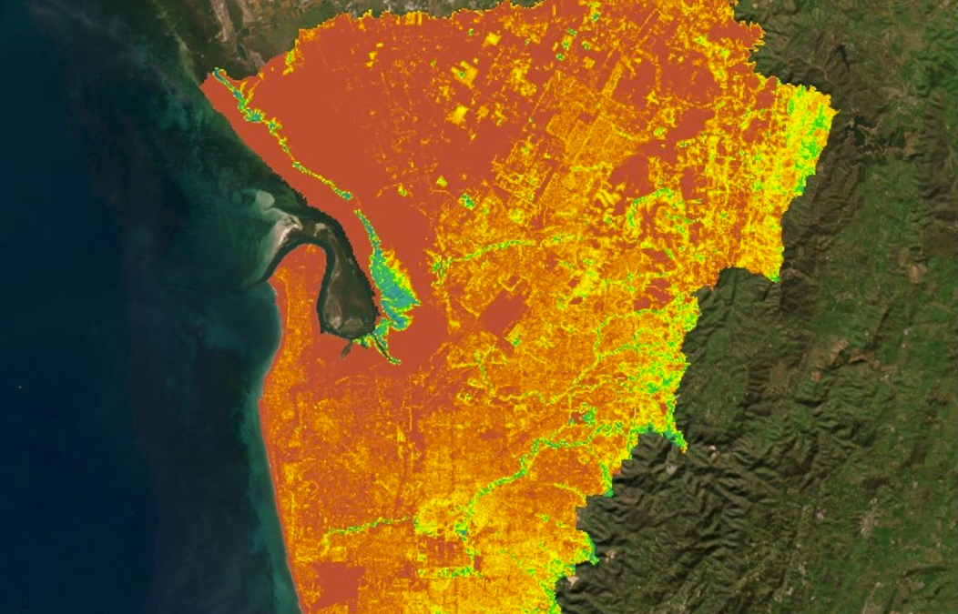 Heat map image of a city on the coast.