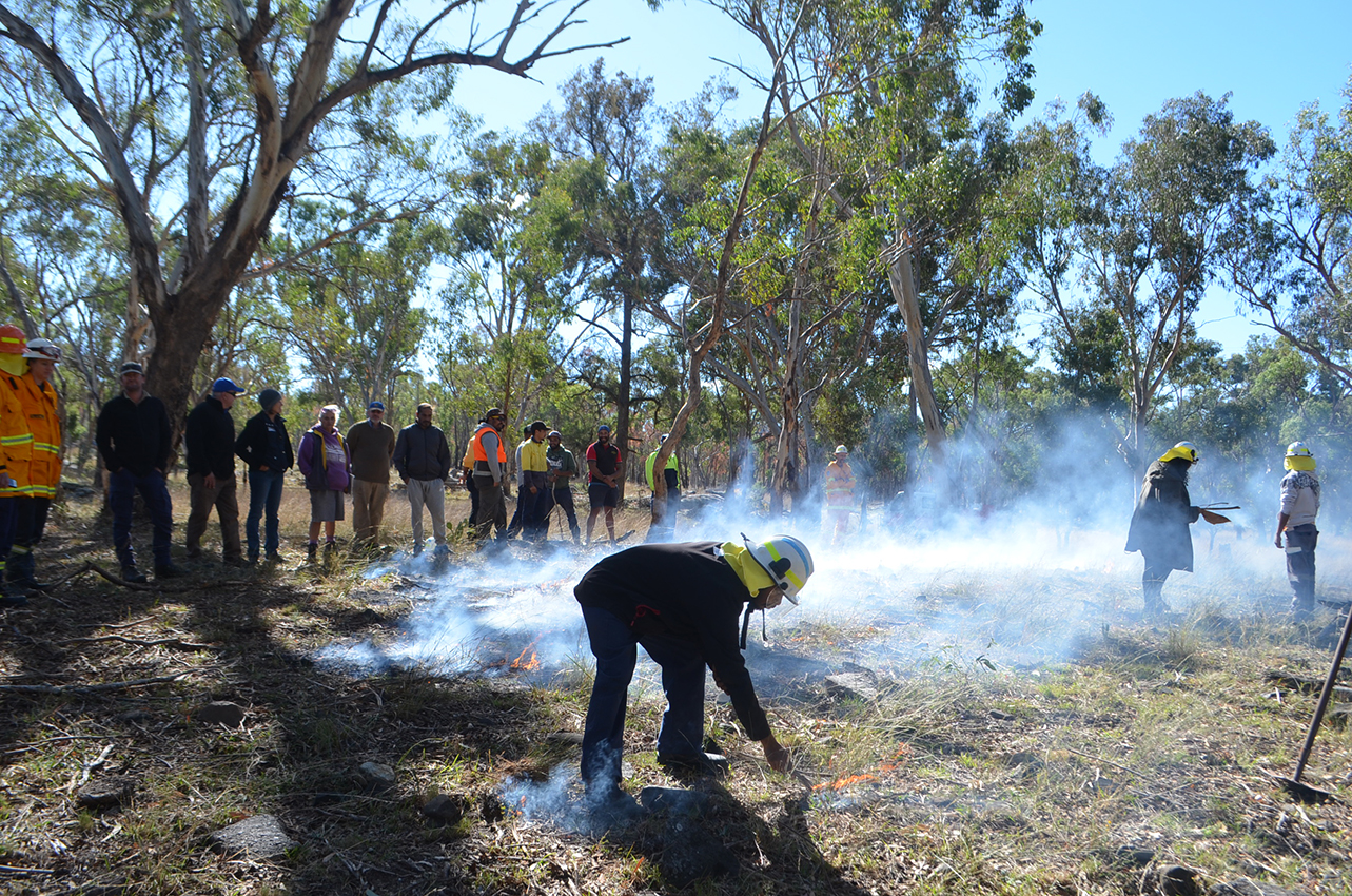A group of people surrounded by smoke, in a bush landscape, observing people performing a cultural burn, lighting the grass on fire.