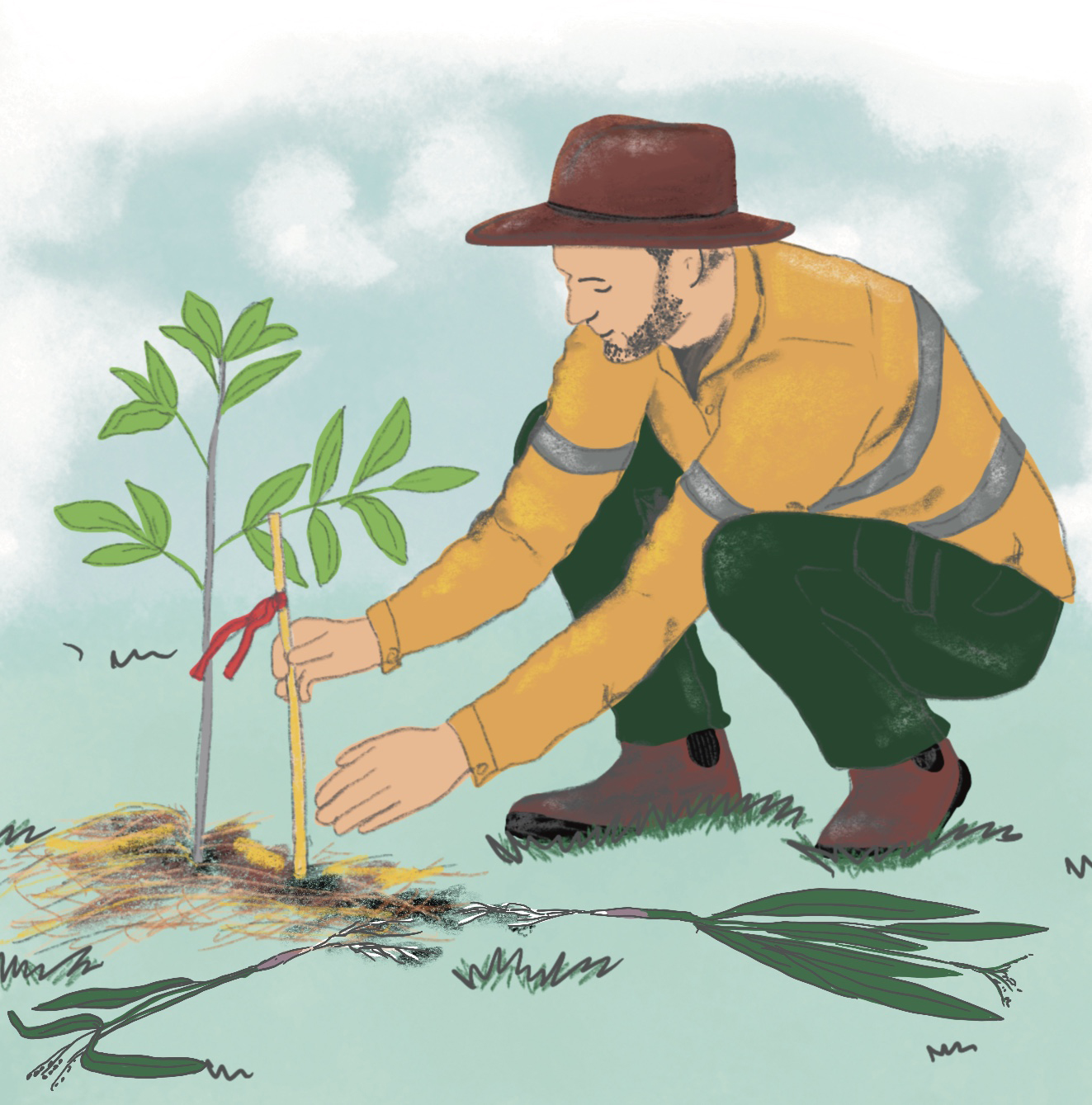 Portrait of a person kneeling on the ground planting a yellow stake, with a red ribbon next to a green plant sapling.