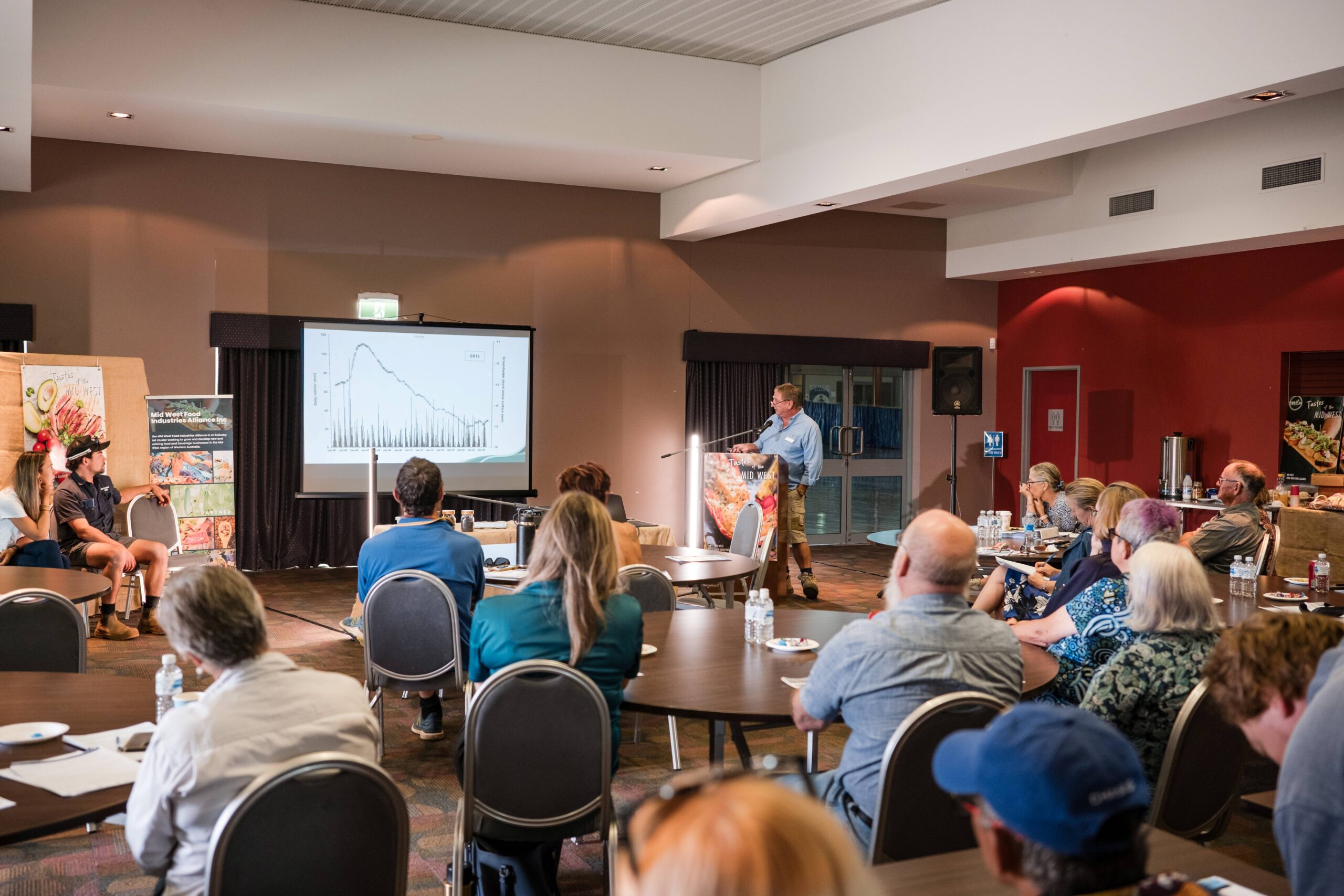 People sitting at tables in a room looking towards a presentation in the back of the room.