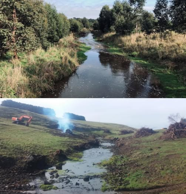 Top image highly vegetated creekline with grasses and trees lining riverbank. Image underneath is of a completely denuded creekline with green pick only on neighbouring hillsides.