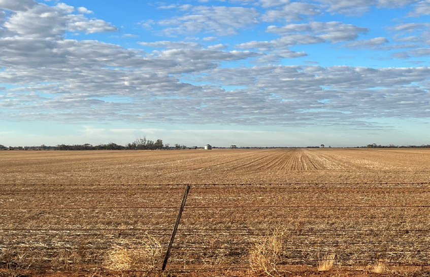 Broad acre farming land showing remnant cereal stubble behind a barb wire fence, with a tank in the distance and some trees and shrubs.