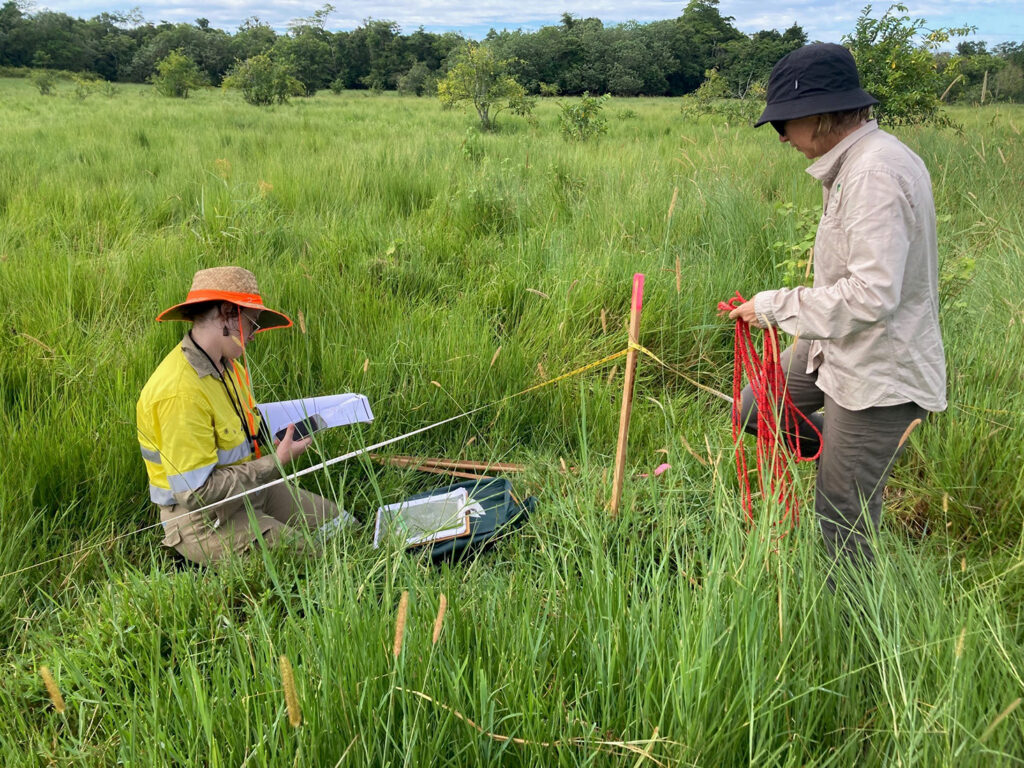 Two people are in long, green grass, one person is holding red rope, and the other person is holding a piece of paper and a phone.
