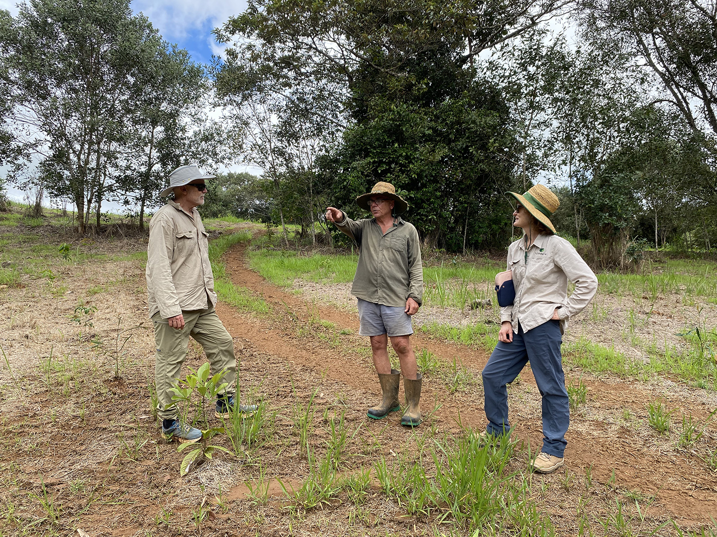 Three people are standing in a circle talking, they are in a bush landscape.