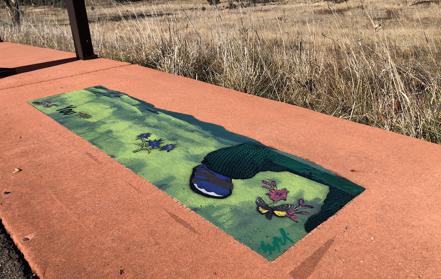 There is a green painting on a footpath, besides a dry, grassy field.