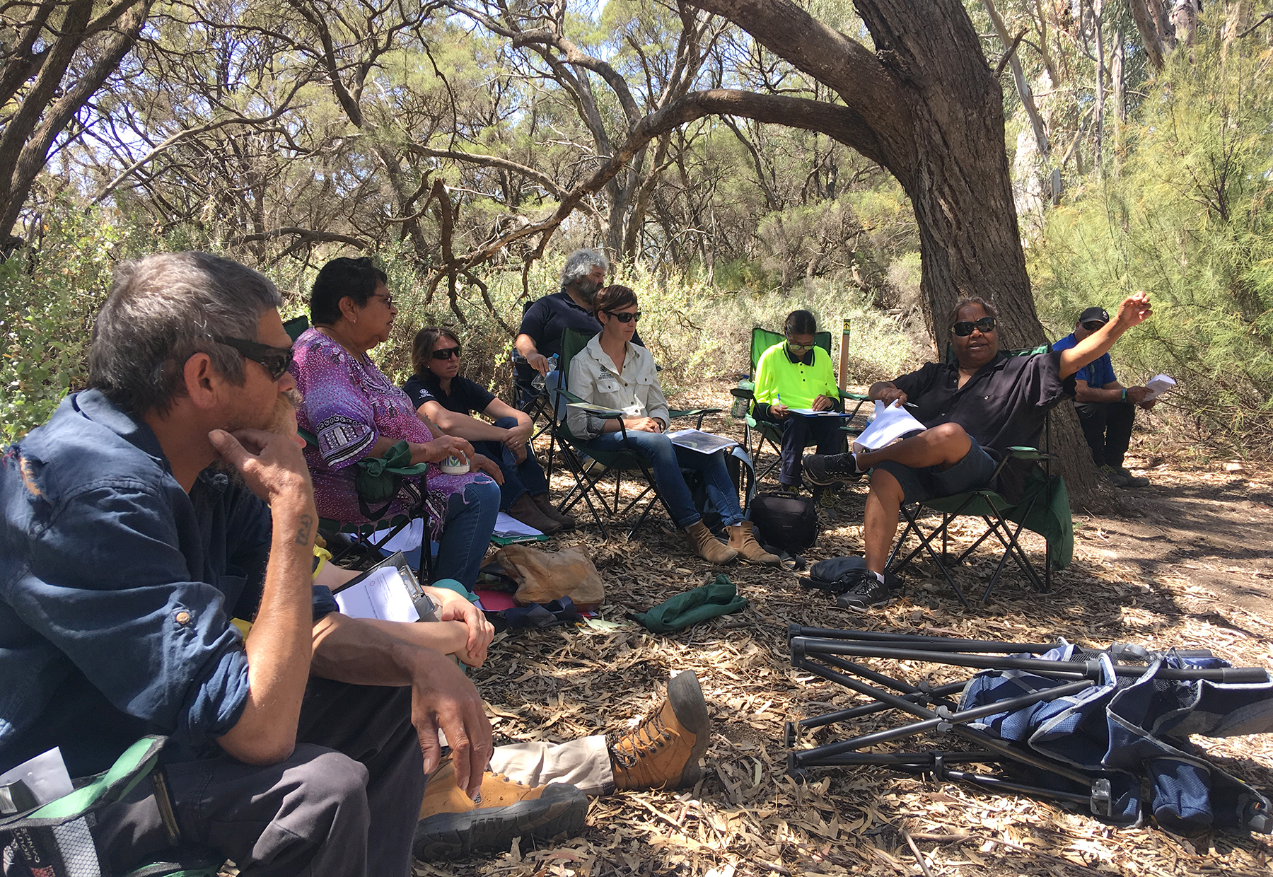 A group pf people are sitting in camp chairs; they are surrounded by a bush landscape.