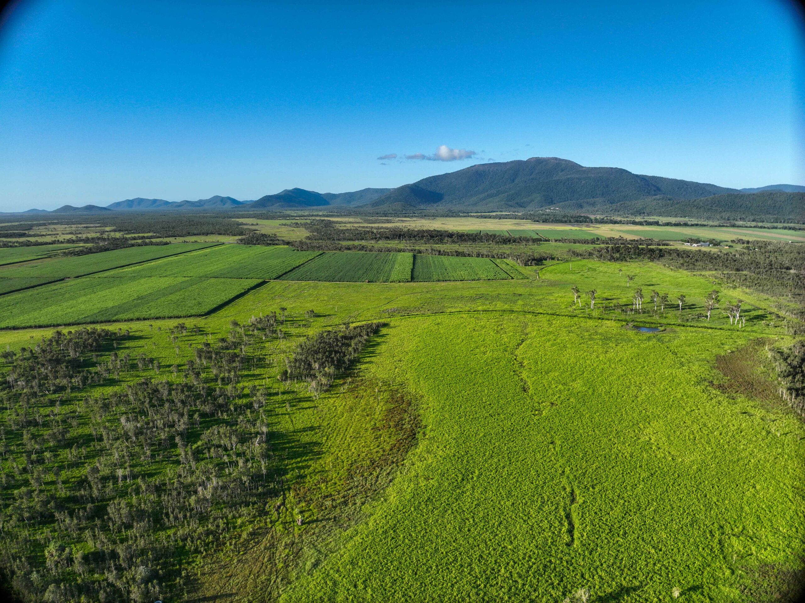 An aerial photo of green fields, with large mountains in the distance.
