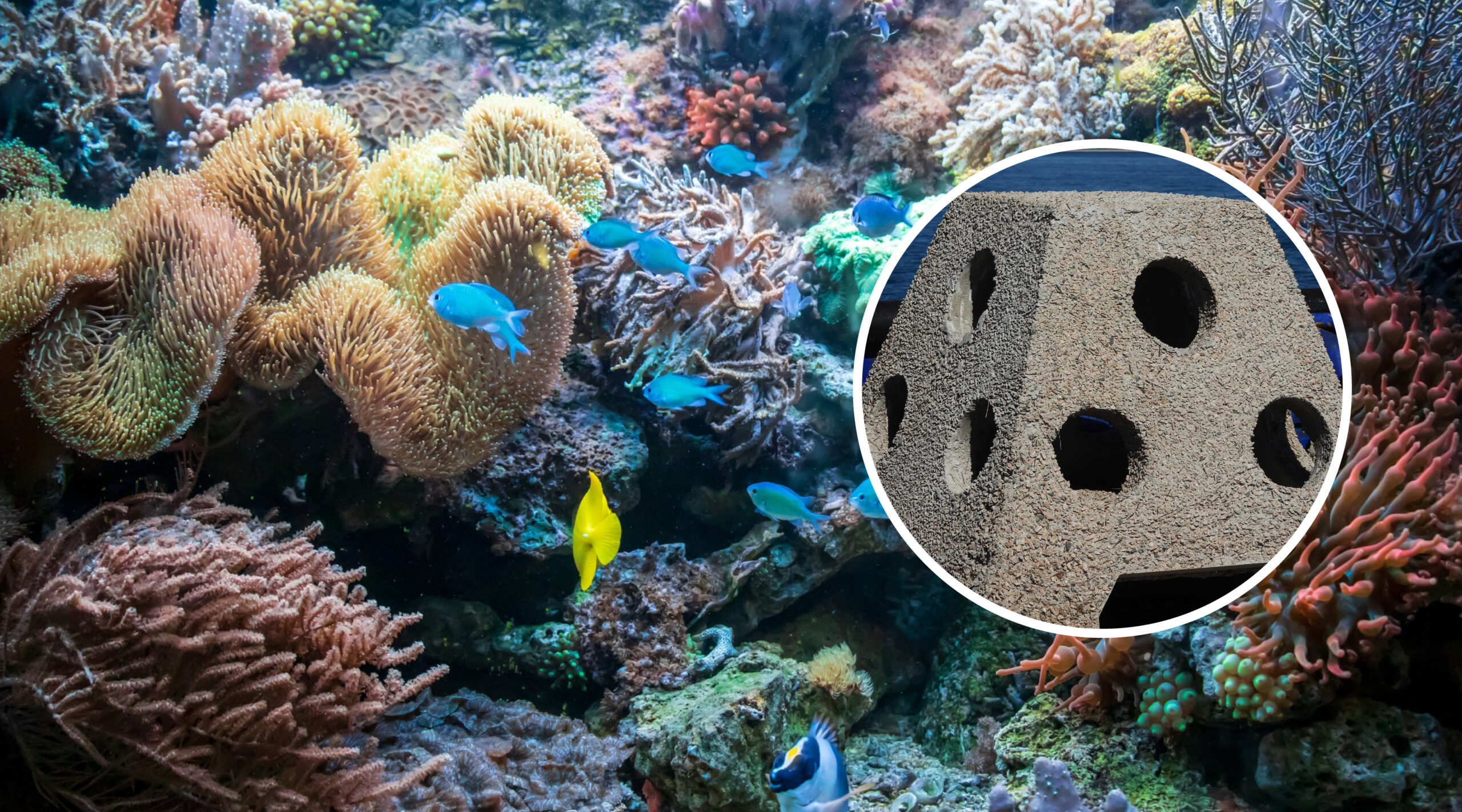 A underwater image of a reef, with a small honeycomb-like structure concrete superimposed over it.